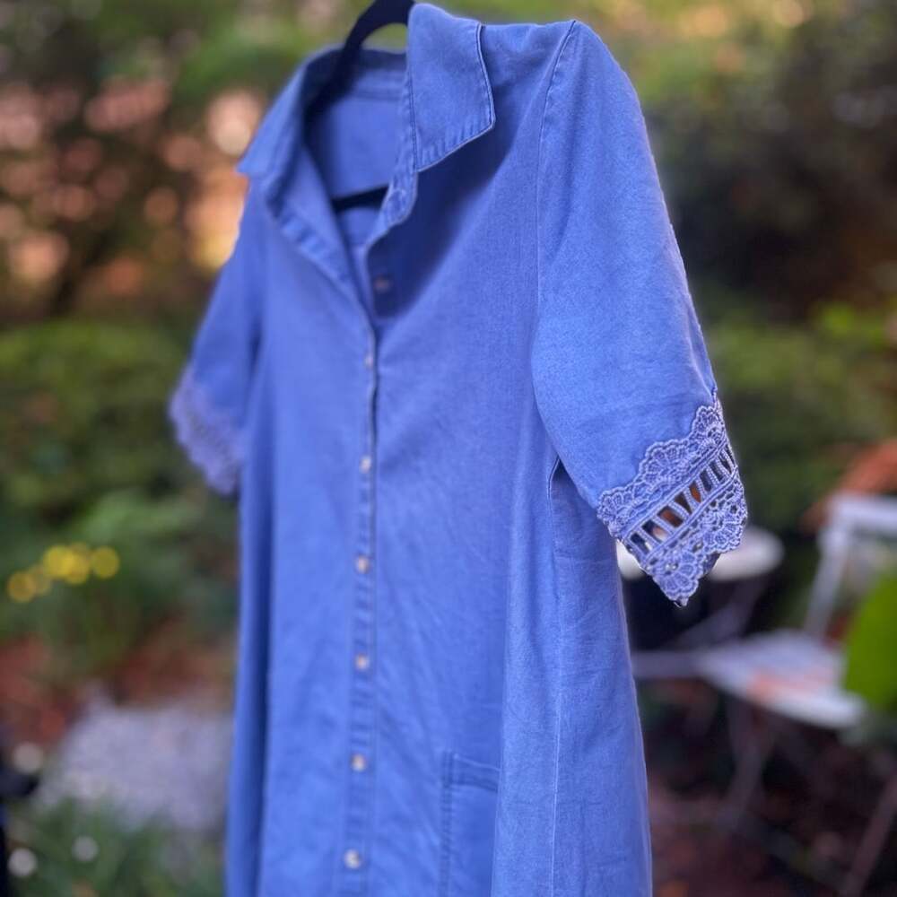 Vintage Woman’s Denim Shirt Dress with Blue Lace Trim